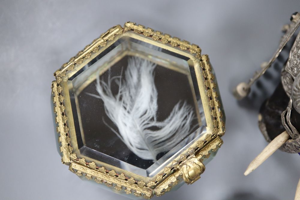 A South Staffordshire enamel box, a silver-mounted ebony elephant and a gilt box